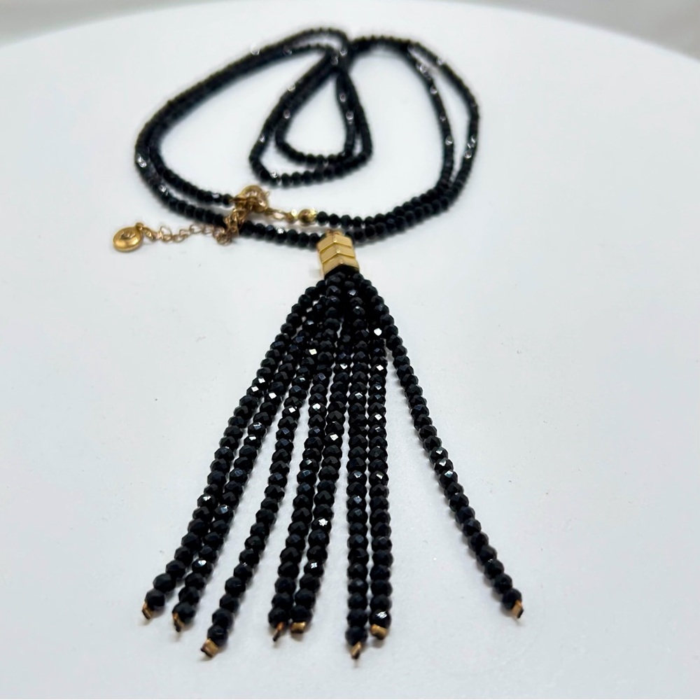 Vida, Black And Gold Long Crystal Tassel Necklace